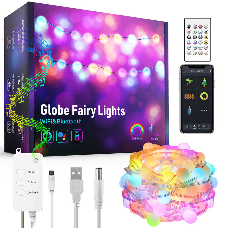 Bluetooth WiFi Đèn trang trí năng lượng mặt trời 5m 10m Đèn quả cầu đầy màu sắc