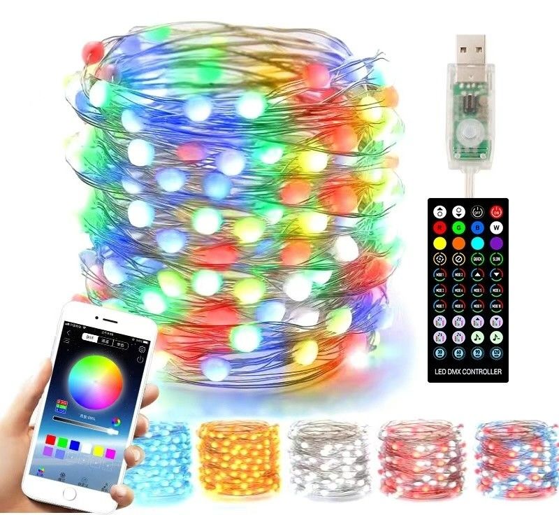 Bluetooth WiFi Đèn trang trí năng lượng mặt trời 5m 10m Đèn quả cầu đầy màu sắc